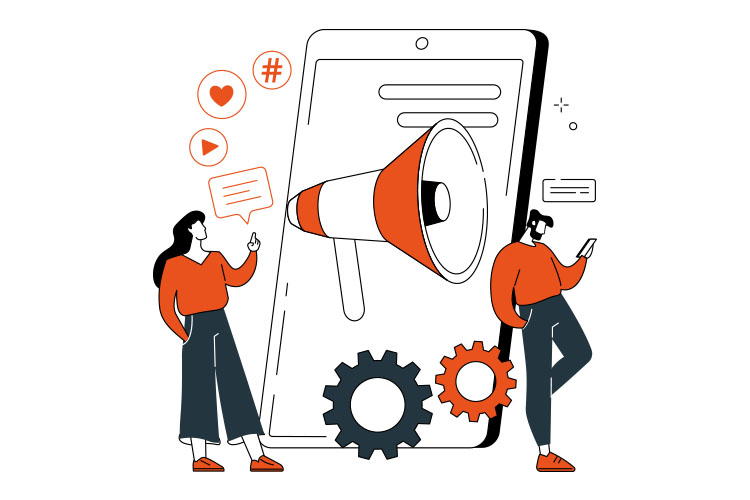 Two people are positioned by a phone and a megaphone, likely preparing for a communication or promotional activity.