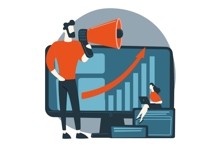 A man with a megaphone gestures towards a chart, highlighting important information in a discussion of performance marketing