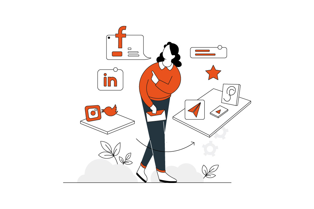 A woman in front of a computer, with social media icons displayed around her, symbolizing Social Media Marketing. Social Media Marketing Agency.